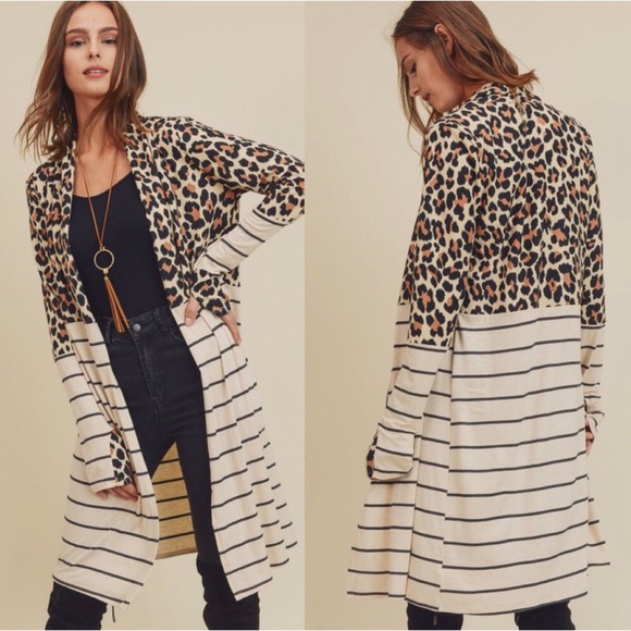 Leopard & Striped Cardigan w/ Thumbholes - Picture 2 of 6